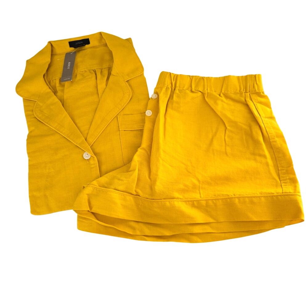 J. Crew Bright Yellow Linen Long Sleeve+Shorts Matching Coastal Vacay Set Size M